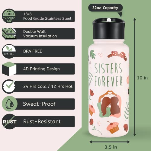 Sisters Forever 32 Oz Insulated Water Bottle with Two Lids, Birthday Gifts For Sister
