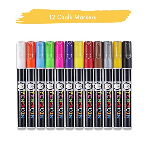 Liquid Chalk Markers 12 Washable Colors Fine Tip 3mm Blackboard Reversible Tip