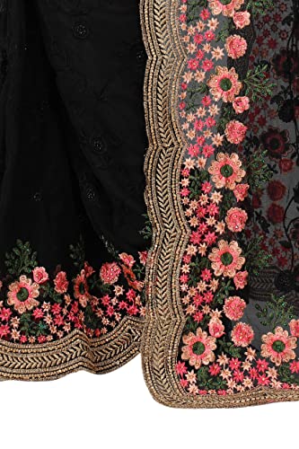 CRAFTSTRIBE Black Sari Resham and Zari Embroidery Saree with Unstitched Blouse