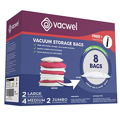 Vacwel 8 Pack Variety Ziplock Vacuum Storage Bags for Clothes Space Saver