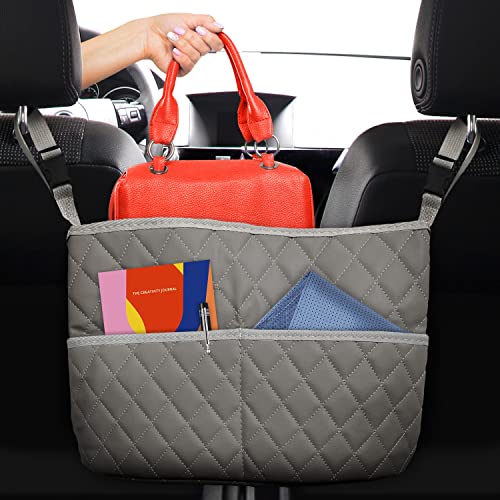 JT HOME Car Net Pocket Handbag Holder Luxury Quilted PU Leather Organizer Grey