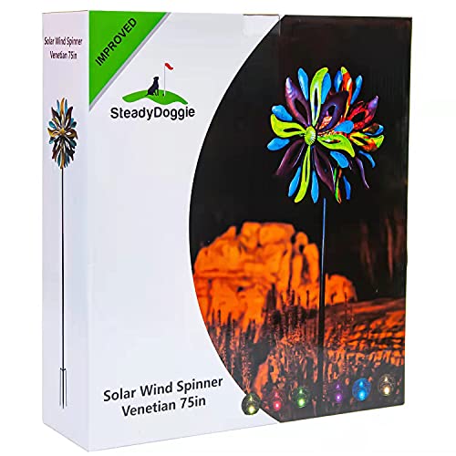 Solar Wind Spinner Venetian 75in Multi-Color Seasonal LED Lighting Solar Powered Glass Ball with Kinetic Wind Spinner Dual Direction for Patio Lawn & Garden, Easy to Assemble and LED Color Changing