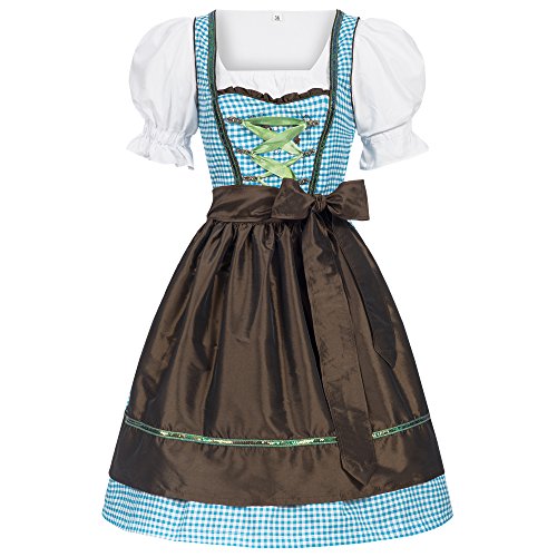 Gaudi-leathers Women's Set-3 Dirndl Pieces lightblue checkered with brown apron 44