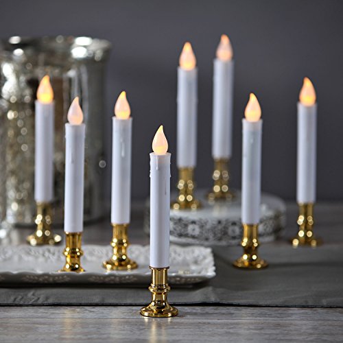 Christmas Window Candles with Gold Holders - Battery Operated White Flameless Taper, Removable Base, Flickering LED Light, Auto Timer, Remote Control & Batteries Included - Set of 8