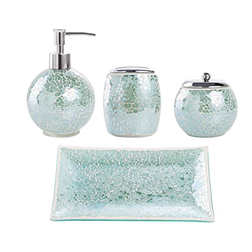 WHOLE HOUSEWARES | Bathroom Accessory Set 4-Piece Decorative Glass (Turquoise)
