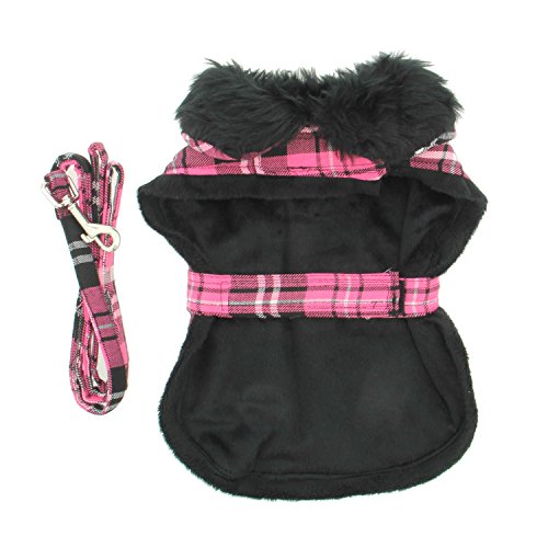 Doggie Design Pink Classic Plaid Wool/Fur Collared Harness Coat W/Leash Size Large (Chest 19-21, Neck 16-19, Weight 16-30lbs.)