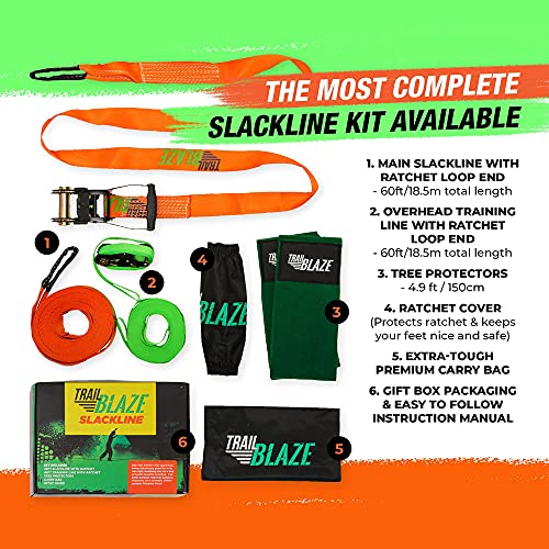 Trailblaze Slackline Kit with Tree Protectors & Training Line | Slack Lines for Backyard | Tight Rope Line for Beginners Slack Line Set, Double Slack Lines 60ft