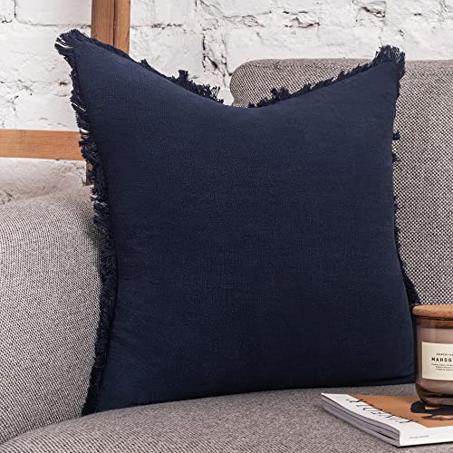 Inspired Ivory Decorative Linen Pillow Cover 18x18 Inch - Rustic Navy Blue Throw Pillow Cover with Fringe 45x45cm