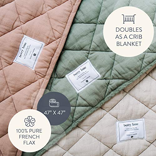 Baby Play Mat Pure French Flax Linen Tummy Time Mat Luxury Quilted Play Mats for Infants Babies & Kids Playmat for Crawling & Playing Pink Clay Square