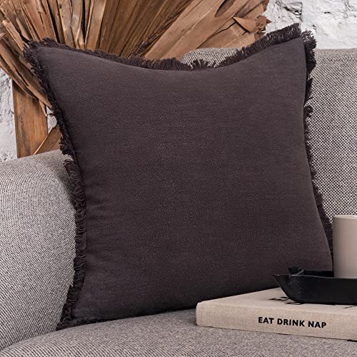 Inspired Ivory Linen Throw Pillow Cover 18x18 Inch - Charcoal Grey Throw Pillow Cover with Tassels - Decorative Soft Solid Cushion Cover for Sofa, Couch, Bed Decor, Single Sham (45x45cm)