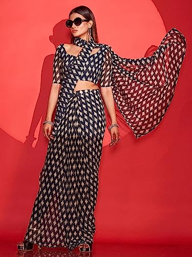 Craftstribe Navy Blue Poly Georgette Printed Ready to Wear Saree With Blouse