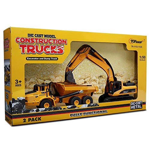 Top Race Diecast Metal Construction Trucks Heavy Metal Excavator and Dump Truck