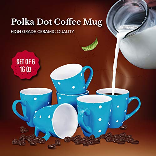 Bruntmor 16 Oz Polka Dot Coffee Mug Set 6 Blue Ceramic Mugs Gift Blue