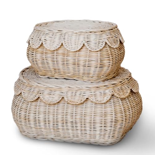 Bebe Bask Hand Woven Rattan Basket Set of 2-15x10x6 Inch Lid