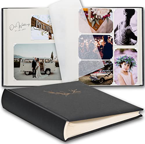 Premium Black Photo Album | Scrapbook Photo Album with Writing Space | 100 Pages for Multiple Photo Sizes, 4x6, 5x7, 6x8, 8x10 | Acid Free Photo Album for Wedding | Graduation Photo Album