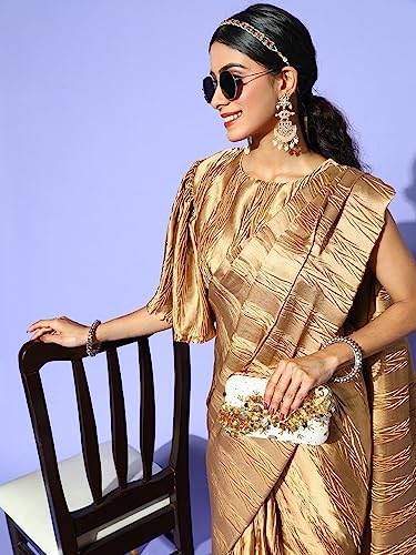 CRAFTSTRIBE Golden Satin Accordion Pleated Ready to Wear Saree with Unstitched Blouse