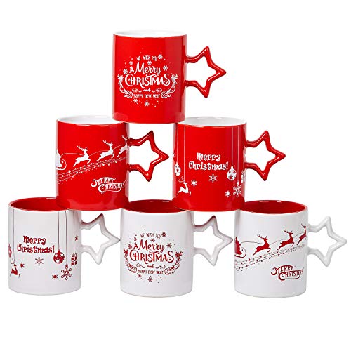 Bruntmor Christmas Coffee Mugs Set of 6 14 Ounce Holiday Novelty Cups Red