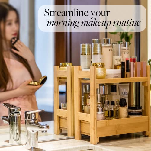 GOBAM Bathroom Counter Organizer Shelf Cosmetic and Vanity Perfume Organizer Shelf with Drawer, Easily Assembled Suitable for Mom or Wife, Bamboo