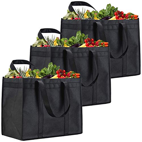 NZ Home XL Reusable Grocery Shopping Bags, Heavy Duty Shopping Tote, Stands Upright, Foldable, Washable (Black 3 Pack)