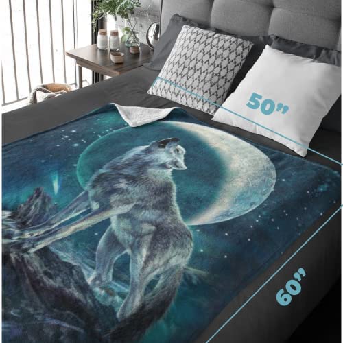 Dawhud Direct Howling Wolf Fleece Blanket for Bed 50x60 Inch Moon Blanket