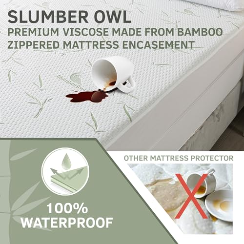 SlumberOwl Premium Organically Grown Bamboo Viscose Zippered Mattress Encasement – 100% Waterproof, Cooling & Ultra Soft (Twin XL) 12-15" Deep