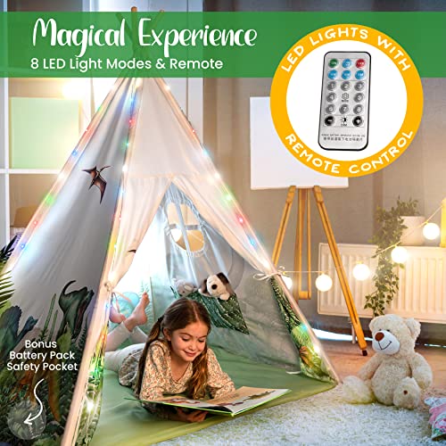Dinosaur Kids Teepee Tent with Roar Button, LED Lights & Plush Mat - The Most Stable Teepee Tent for Kids - Dinosaur Tent - Dinosaur Toys for Kids Play Tent - Kids Tent Indoor - Toddler Tent