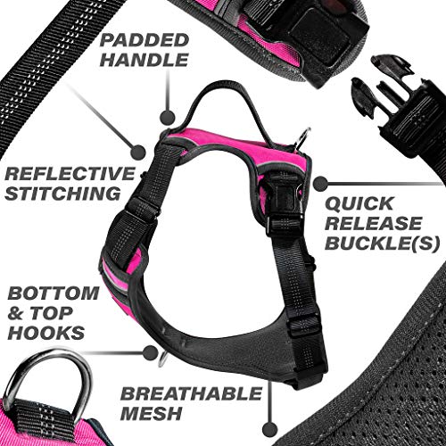 Black Rhino - The Comfort Dog Harness with Mesh Padded Vest for Small - Large Breeds | Adjustable | Reflective | 2 Leash Attachments on Chest & Back - Neoprene Padded Training Handle (Medium, Pink/Bl)