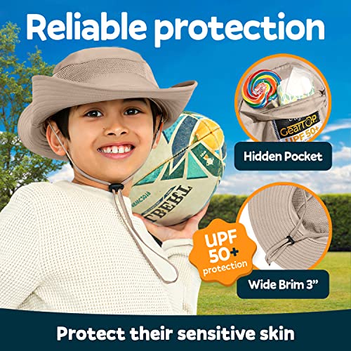 GearTOP UPF 50+ Kids Sun hat to Protect Against UV Sun Rays - Kids Bucket Hat and Sun Hats for Kids Camping Fishing Safari Khaki