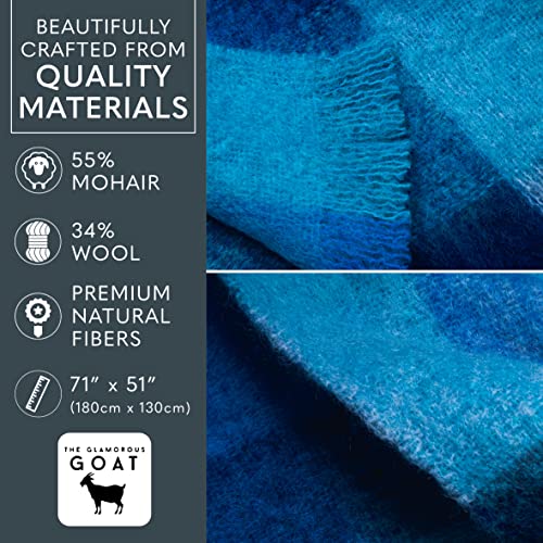 Mohair Wool Throw Blanket - 55% Mohair 34% Wool, Ultra Soft and Fluffy, Warm and Cosy Ethically-sourced Mohair and Wool Throw. 71” x 51”. Hemp Carrier Bag Included (Roy's Blue)
