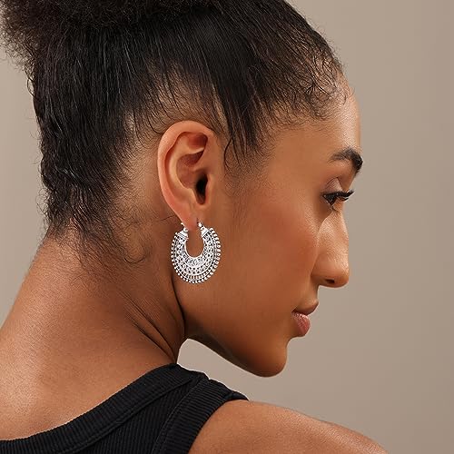 LeCalla 925 Sterling Silver Filigree Hoops Earring Antique Round Medium Large Italian Filigree Hoop Earrings Double Sided Filigree-Cut Hoop Earrings for Women 35MM