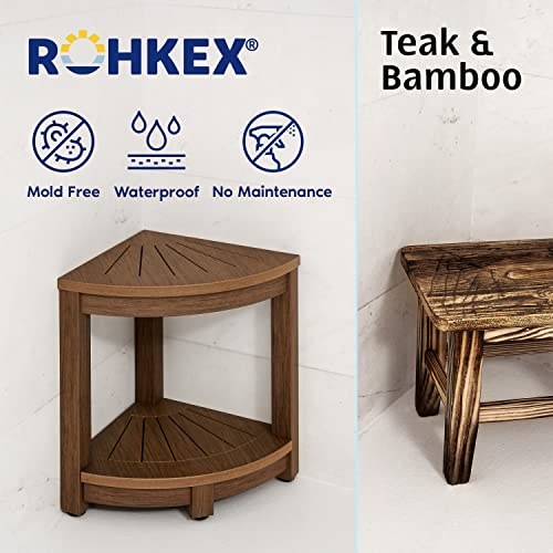 Corner Shower Stool for Shaving Legs - Waterproof Bathroom Bench Seat and Foot Rest - Small Step Stools, Bath Benches, and Shower Seats with Rubber Feet and Shelf for Inside or Outdoor Use