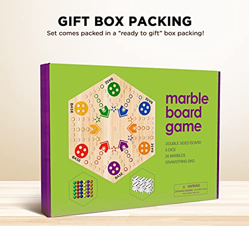 flybold Marble Board Game - Original Wahoo Board Game - Double Sided Painted 6 and 4 Player Wooden Fast Track Aggravation Board Game Original with 6 Colors 24 Marbles 6 Dice and Velvet Draw Bag