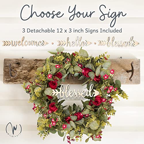 Eucalyptus Door Wreath with Red Roses and 3 Signs 20 inch Wreaths