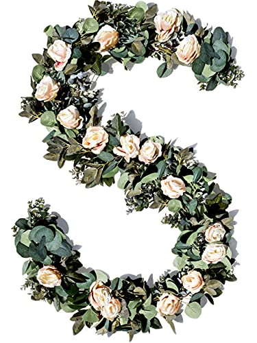 WILDIVORY Eucalyptus Garland with Flowers -17 Vintage Ivory Cream Roses- Lush, Natural Looking Eucalyptus and Flower Garland Decor,Floral Garland for Wedding,Artificial Garland Greenery, Rose Leaves