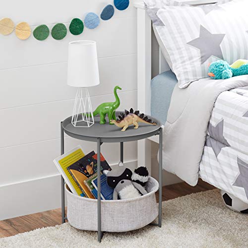Amazon Basics Round Storage End Table, Side Table with Cloth Basket - Charcoal/Heather Gray, 19 x 18 x 18 Inches