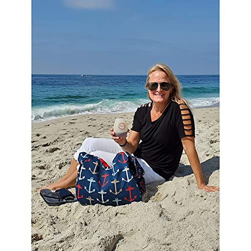PortoVino Swankey Navy Coastal Beverage Wine Tote with Hidden, Insulated Flask Compartment Wine Dispenser, Holds 4 bottle of Wine from Cooler! Perfect for Traveling, Concerts, Bachelorette Party!