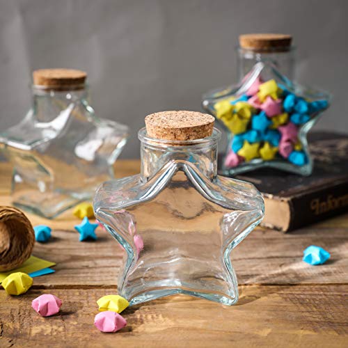 WHOLE HOUSEWARES | Star Shaped Glass Favor Jars with Cork Lids | Set of 6 | 10oz Glass Wish Bottles with Personalized Heart Shaped Label Tags and String (6)