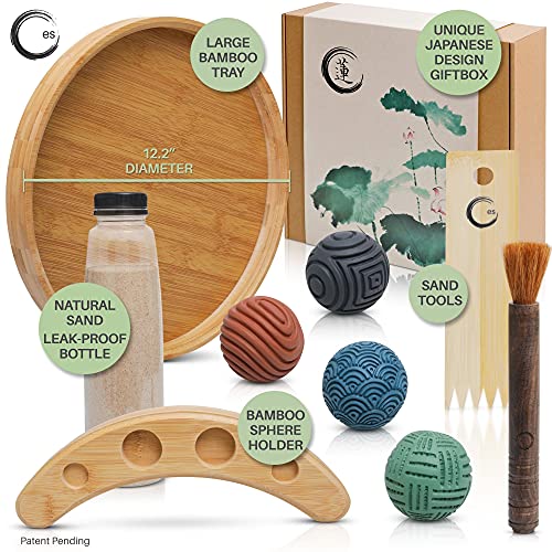 Enso Sensory Japanese Zen Garden Kit for Desk - Sand Garden Tools and Accessories Box Set for Office Desktop - 12” Large Round Bamboo Tray, 4 St