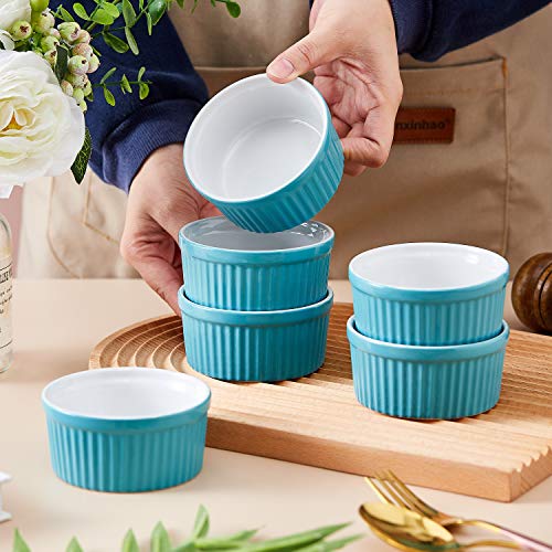 Bruntmor Teal Ceramic Ramekin Baking Set Of 6 Christmas Serving Dishes | 4 Oz Porcelain Creme Brulee Ramekins For Pie Dish |Souffle Cups | Charcuterie Cups Accessories | Safe For Oven & Dishwasher