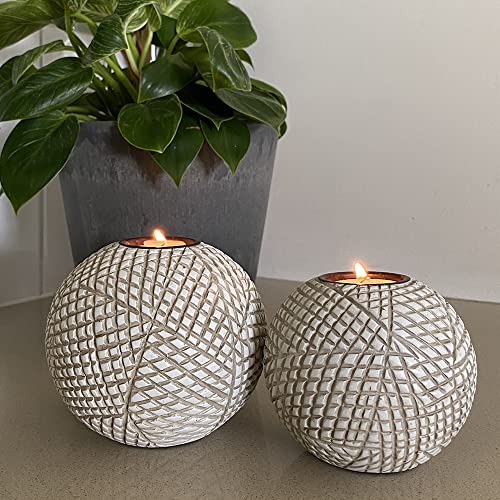 Luca Orb Candle Holders Table Decor Grid Pattern Beige and White