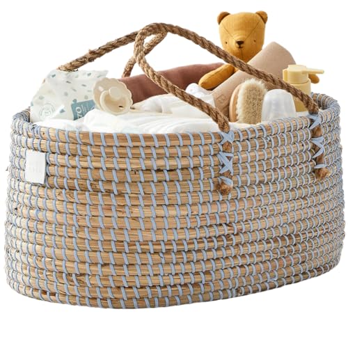Handmade Organic Seagrass Diaper Caddy Blue Basket Baby Boy's Diaper Organizer
