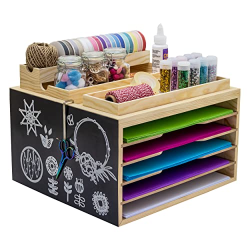 HYGGEHAUS Scrapbook Paper Storage & Organization - Art & Craft Organizer Made from Solid Pinewood | 3 Storage Trays, Magnetic Adhesive Sheet, Hook for Scissors & Portability Handle | Stackable Design