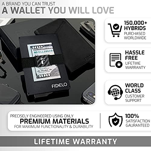 Fidelo Minimalist Wallet for Men - Hybrid Black Aluminum Wallet + Black Removable Leather Case + Carbon Fiber Wallet + Rustic Brown Removable Leather Case