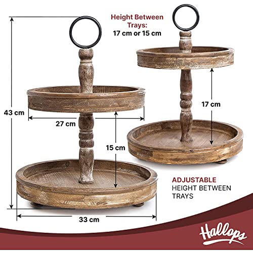 Hallops Wood 2 Tiered Tray, Rustic Farmhouse Decor, Rustic Serving Cake Stand, Galvanized Kitchen Table (Brown)