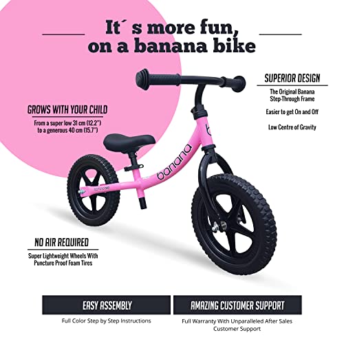 Banana LT Balance Bike - Lightweight Toddler Bike for 2, 3, 4, and 5 Year Old Boys and Girls Pink