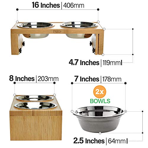 Prosumer's Choice Bamboo Adjustable Height Dog and Cat Bowls and Stand - 4.7 to 7.7 Inches Tall | Spill and Mess Resistant Design | Dog Raised Bowls | Stainless Steel Bowels