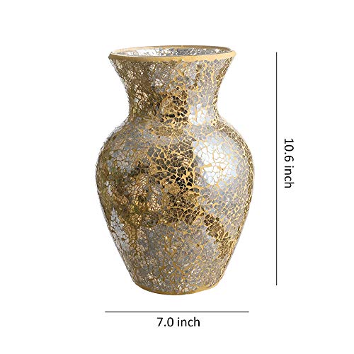 WHOLE HOUSEWARES Mosaic Glass Vase 10.5" Home Décor Centerpiece Elegant Glass Flower Vase Gold