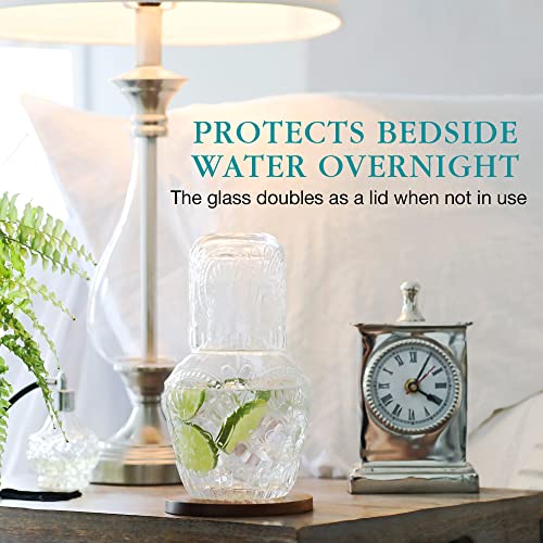 Yungala Bedside Water Carafe and Glass Set Vintage Nightstand Glass Carafe with cup to keep you hydrated during the night or popular mouthwash decanter or small water carafe.