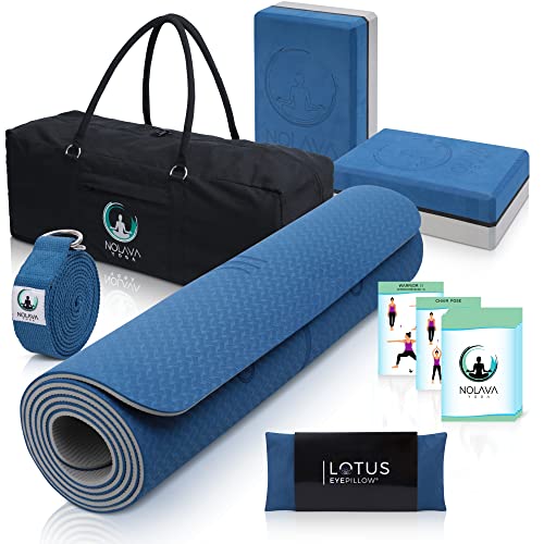 NOLAVA 7 PIECE YOGA MAT SET - Yoga Mat Bag for yoga accessories|TPE ECO Friendly Yoga Mat | Yoga Blocks 2 pack | Yoga Strap |Weighted Lavender Eye Pillow| Yoga Pose Cards| yoga mat set gift Women, Men