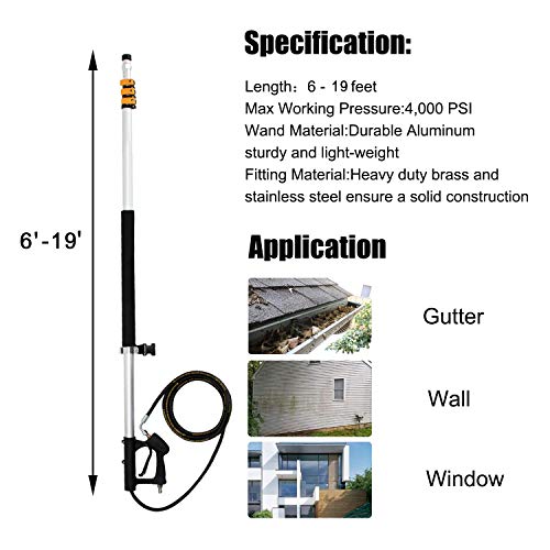 EDOU Direct Telescoping Pressure Washer Wand 19' | Heavy Duty | 4,000 PSI Max Working Pressure | Includes: 1/4" Quick Connection, 5 Spray Nozzle Tips, 2 Pivoting Couplers, 2 Adapters, Support Harness